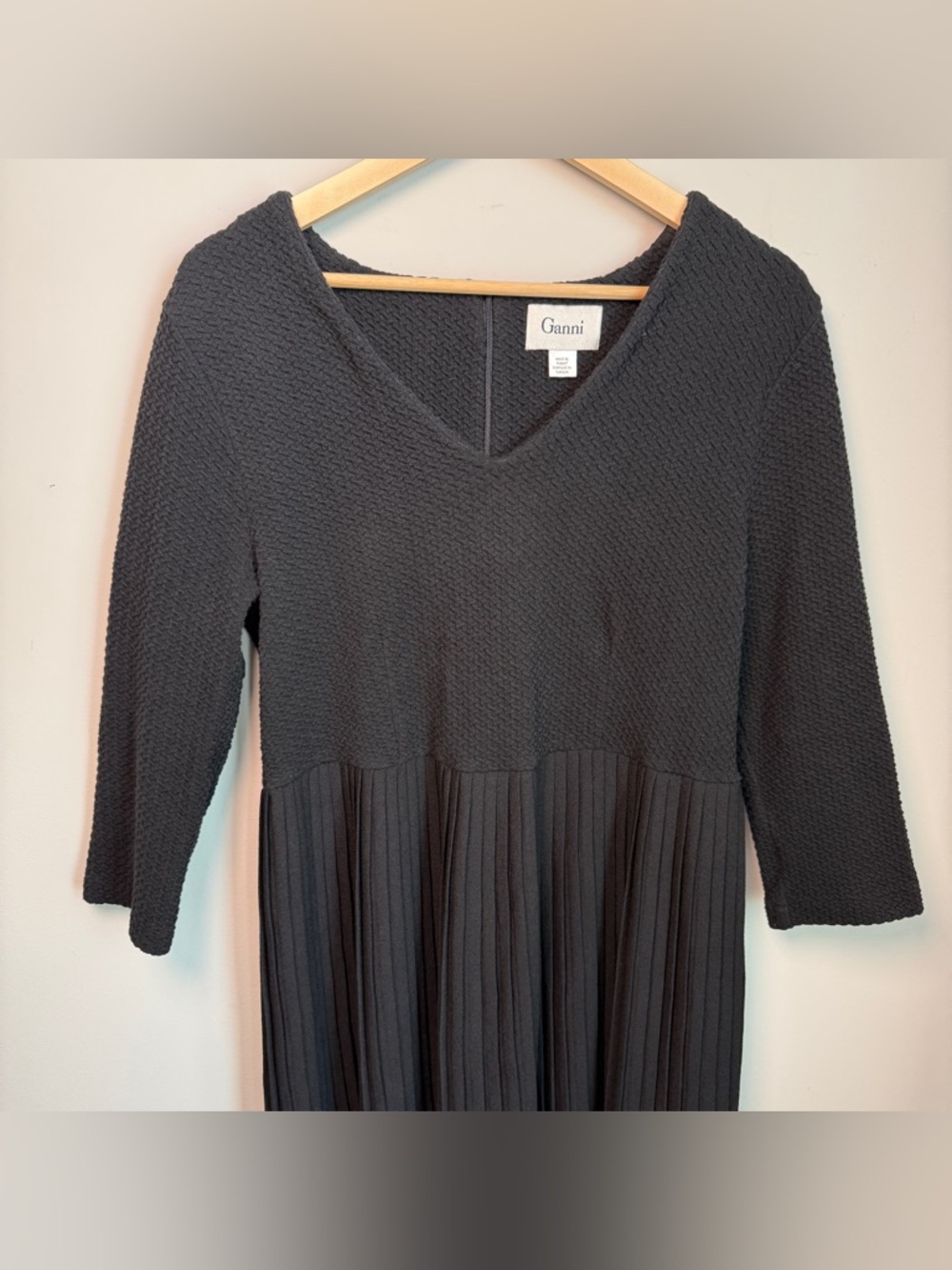 Anthropologie Ganni Black Textured Cotton Pleated Hem Mini Dress | Size L - Picture 2 of 12